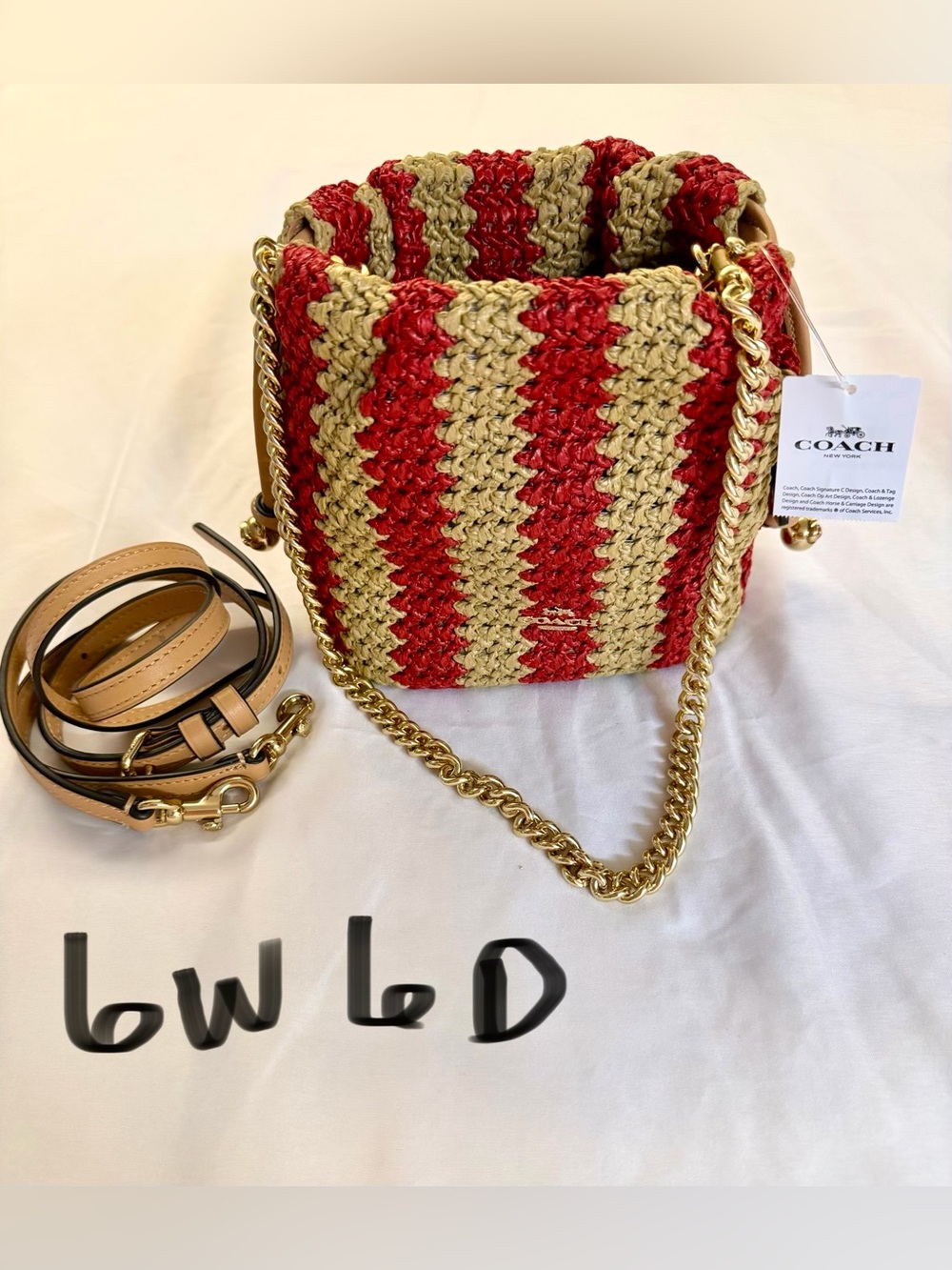 Coach Red and Tan Striped Woven Bucket Crossbody with Gold Chain